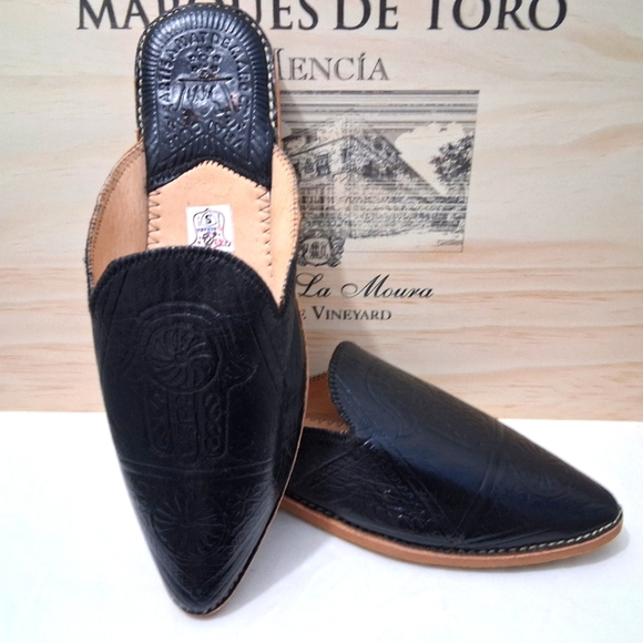 Hamsa Slippers Black Leather Embossed Slides Pointed Toe EU 42 US 11 - Picture 13 of 14